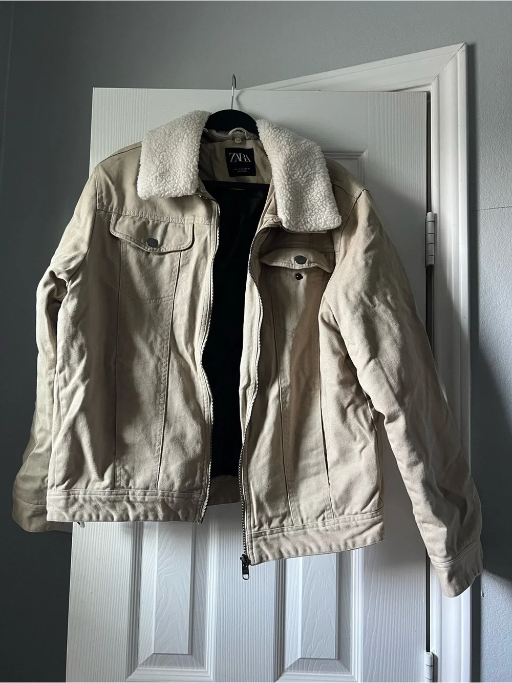 ZARA Men's Beige Sherpa-Collar Shirt Jacket